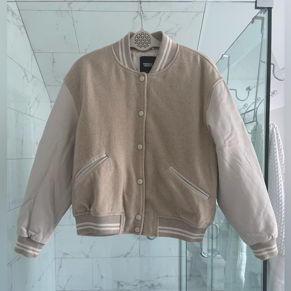 Pernille x Mango Tan and Cream Varsity Jacket limited edition - hard to find.